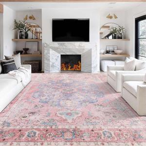 Sofrug 9x12 Area Rug - Medallion Honeycomb Non Slip Backing Area Rugs Ocean Pink Mixed Faux Wool Foldable Foldable & Machine Washable Area Rugs for Living Room Bedroom Dining Room Home Office