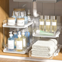 Delamu 2 Sets of 2-Tier Multi-Purpose Bathroom Under Sink Organizers and Storage, Stackable Kitchen Pantry Organization, Pull Out Medicine Cabinet Organizer with 8 Movable Dividers, White