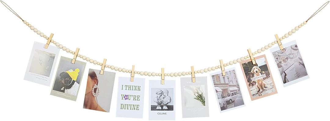 Hanging Photo Display Wall Decor, Boho Wooden Bead Garland Collage Picture Frame with 9 Wood Clips for Bedroom, Living Room, Office, Dorm Decor, Photos Holder, Christmas Cards, Teen Girl Gifts