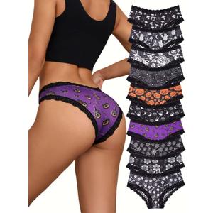 Morvia 10pcs Women's Gothic Contrast Lace Halloween Skull & Rose Print Hipster Panties Assorted Styles (Medium, Multicolor 3)