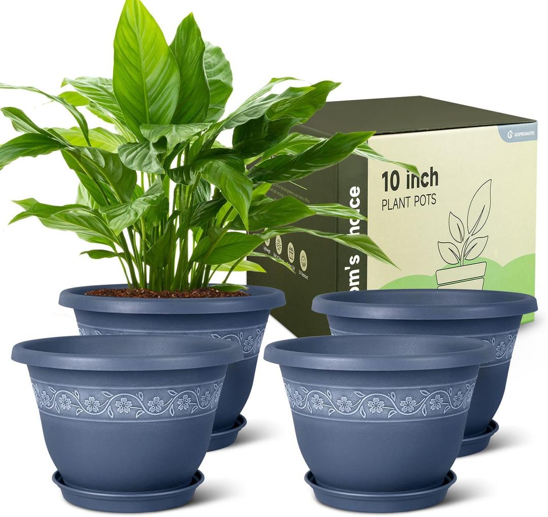 10 Inch Plant Pots with Drainage Hole - Lightweight Flower Pots for Herbs and Flowers - Home Decor Plastic Planters for Indoor Outdoor Plants- Pack of 4 (Blue, 10 inch)