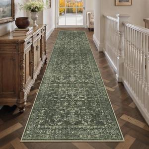 3x12 Green Runner Rug Hallway Washable Area Rugs Kitchen Vintage Boho Non Slip Long Rug Floral Carpet Indoor Retro Soft Low Pile Throw Rug for Bedroom Bathroom Laundry Dining Living Room Office