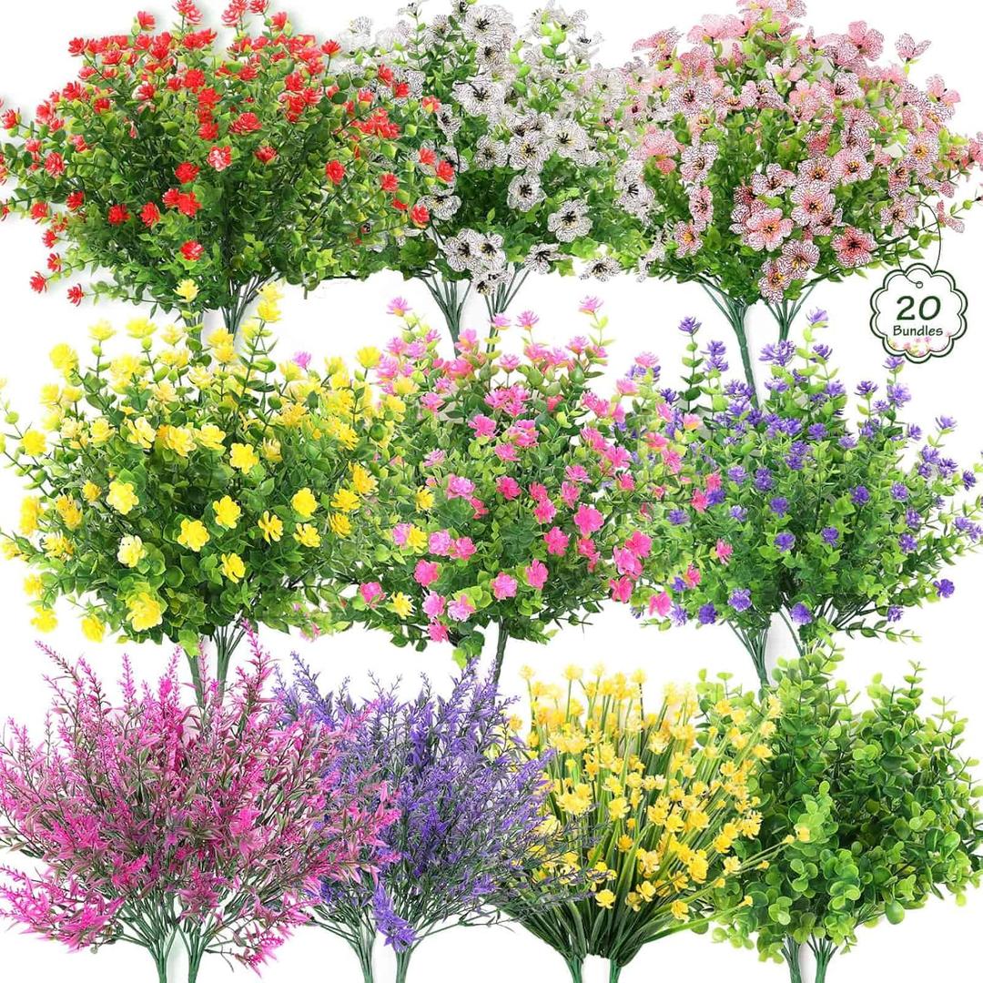 20 Bundles Realistic Artificial Flowers for Outdoors, UV Resistant No Fade Fake Flowers with Plastic Faux Shrubs Plants for Garden Patio Porch Window Box Home Wedding Farmhouse Outside Hanging Decor