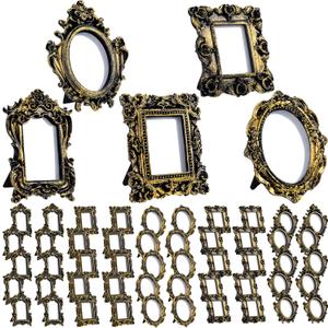Maitys 50 Pcs Mini Picture Vintage Frames with Stands Tiny Antique Photo Baroque Ornate Resin Oval Frame Table Top Display Home Wedding Decor (Black Gold)