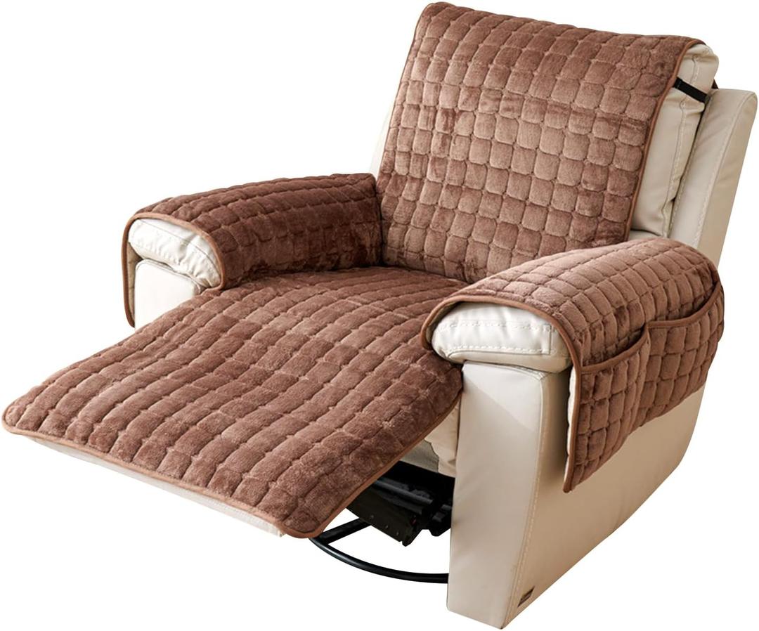 Plush Recliner Slipcover 30 Inches Washable Chair Covers Artificial Wool Lazy Boy Cover Quilted Cover for Recliner Chairs and Furniture, Large Taupe Chair Protector with Side Pocket for Kids/Pets (Coffee)