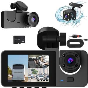 3 Channel Dash Cam Front and Rear Inside, 1080P Full HD Dash Camera for Cars with 32GB SD Card, Dash Cam Dashboard Camera Recorder 170° Wide Angle, Night Vision, WDR 24H Parking Mode G-Sensor