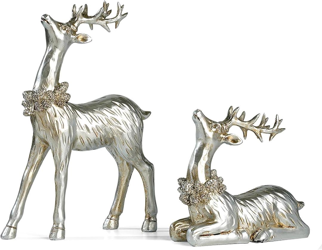 2PCS Christmas Deer Pendant Bedding and Standing Gold Deer Resin Home Decoration Suitable for Fireplace Living Room Dining Table Christmas Decoration (Silvery)