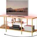 HOOBRO TV Stand with LED Lights and Power Outlets for TVs up to 65", Modern 55 Inch Tempered Glass TV Console Table with Open Shelves, Media Entertainment Center for Living Room, Gold GD145UDS01