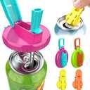 2pcs Soda Can Lids with Straws(with 1 straw brush and 2 Easy Can Openers) Reusable BPA-Free Can Covers for Soda, Beer & Energy Drinks, Universal Fit 2.13inch/54mm Cans, Helps Keep Drinks Fresh & Clean