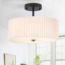 Bargeni Semi Flush Mount Ceiling Light,12.5 inch Ceiling Light Fixture,Black Flush Mount Light Fixture with Pleated Fabric Drum Shade,Light Fixtures Ceiling Mount for Bedroom,Living Room,Hallway