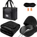 Travel Blanket Pillow Set - Travel Neck Pillow & Blanket for Airplane, Thick Fleece Plane Blanket, Hooded Memory Foam Neck Pillows, Foldable Duffel Bag, Sleep Mask, Earplugs for Plane Traveling, Black
