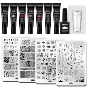 Stamping Gel Nail Stamper Plates Design Kit, 7 Colors Nail Stamping Polish Gel 8ml+ Silicone Nail Stamper Scraper Set+ 4 Nail Stamp Plate Star Moon Flower Leopard Girl Design Templates + 12ml Top Coat