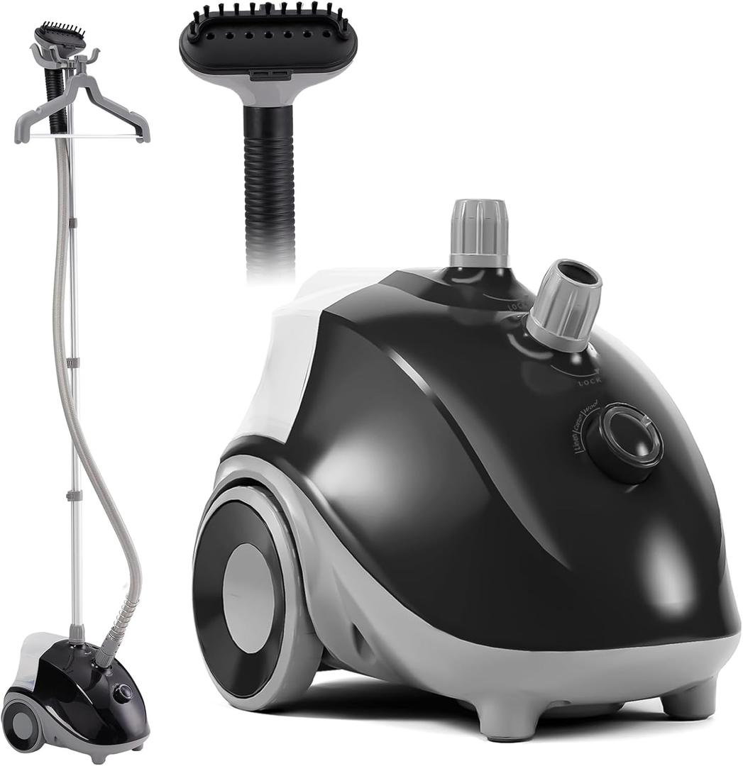 Sweetcrispy Garment Steamer for Clothes Standing, 1500W Powerful Clothes Steamer Standing with Wheels, 1.7L Water Tank for 55 Min Continuous Steaming, Professional Wrinkle Remover Heats in 45 Seconds (Black & Grey)