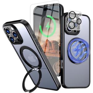 for iPhone 16 Pro Max Case with Screen Protector & Lens Protector [15 FT Military Drop Protection] Magnetic Kickstand Compatible with MagSafe Slim Translucent Case (Black)