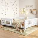 Bellemave Full Floor Bed with Slats and Rails, Full Size Montessori Floor Bed with Bookcase and Fence, Easy Assemble Montessori Beds for Girls, Boys, White Floor Beds