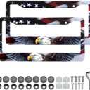 American Flag Eagle License Plate Frames - 2 Pack Front Rear Patriotic Matte Gloss Stars Stripe US Flag Stainless Steel Rust-Proof Waterproof Car Tag Frame Holder Covers with Screws Fasteners Caps