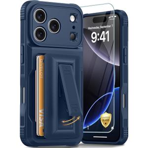 for iPhone 17 Pro Case with Card Holder4-5 Cards[9H Screen Protector ][Full Camera Protection][RFID Blocking][Hidden Kickstand] Rugged Heavy Duty Wallet Case for iPhone 17 Pro (Dark Blue)