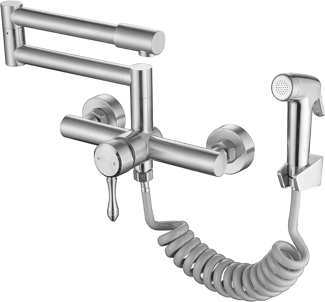 Kitchen Faucet Wall Mount, with Side Sprayer 8 Inch Center, Folding Design for Commercial Use, Stainless Steel Bar Taps (Dual Hands)