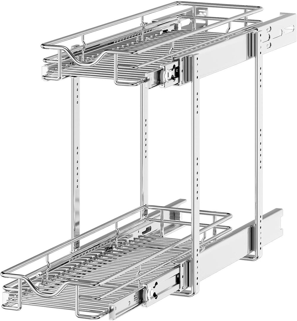OCG 2 Tier Pull Out Cabinet Organizer (7.5" W x 21.5" D), Pull Out Drawers for Kitchen Cabinets, Pull Out Shelves for Base Cabinet Organization in Kitchen Bathroom Pantry, Chrome Finish