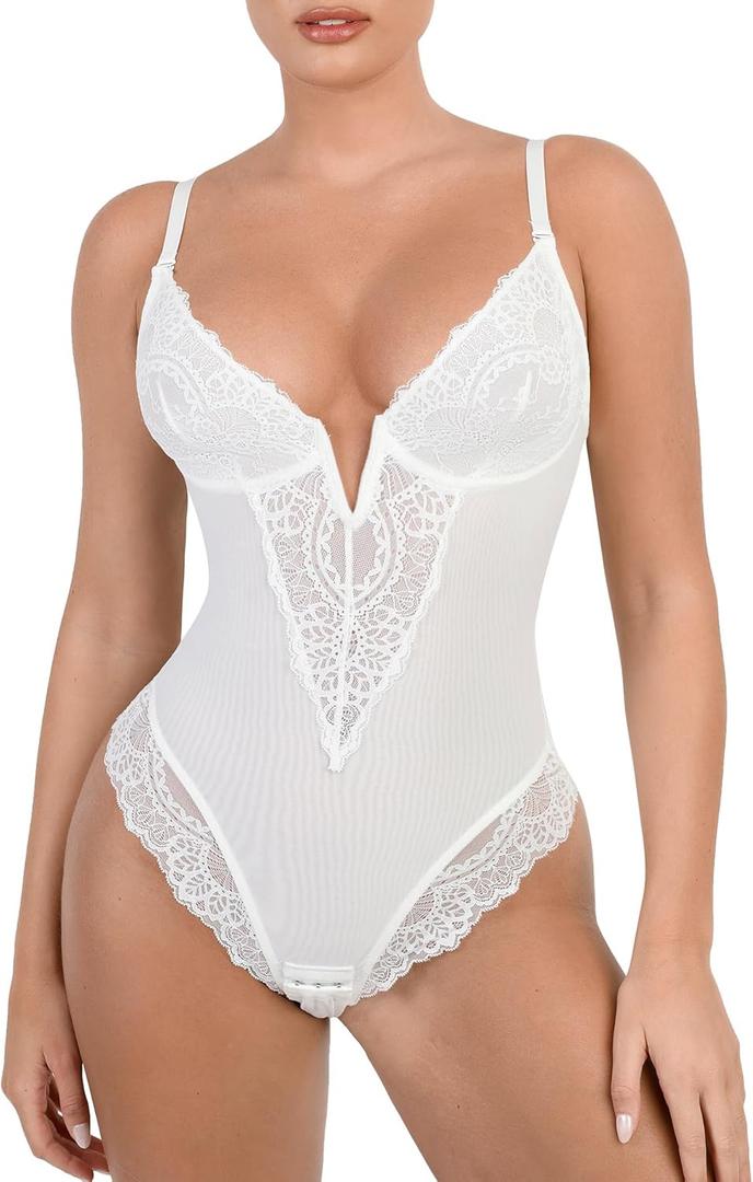 Popilush Lace Shapewear Bodysuit Tummy Control Corset Tops V Neck Sleeveless Backless Body Suit Thongs (White) S 