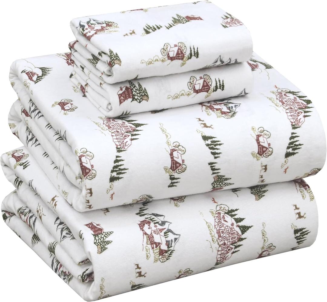 RUVANTI Flannel Sheets Queen Size - 100% Cotton Double Brushed Bed Sheets, Deep Pockets 16 Inches Queen Sheet Set, All Seasons Breathable & Extra Soft - Warm & Cozy, 4 Piece, Hilly Huts