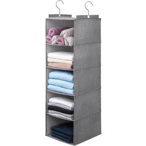 Large Hanging Sweater Organizer for Closet,Collapsible 6-Shelf Hanging Closet Shelves with Drawers, Washable (Grey-5 Shelf)