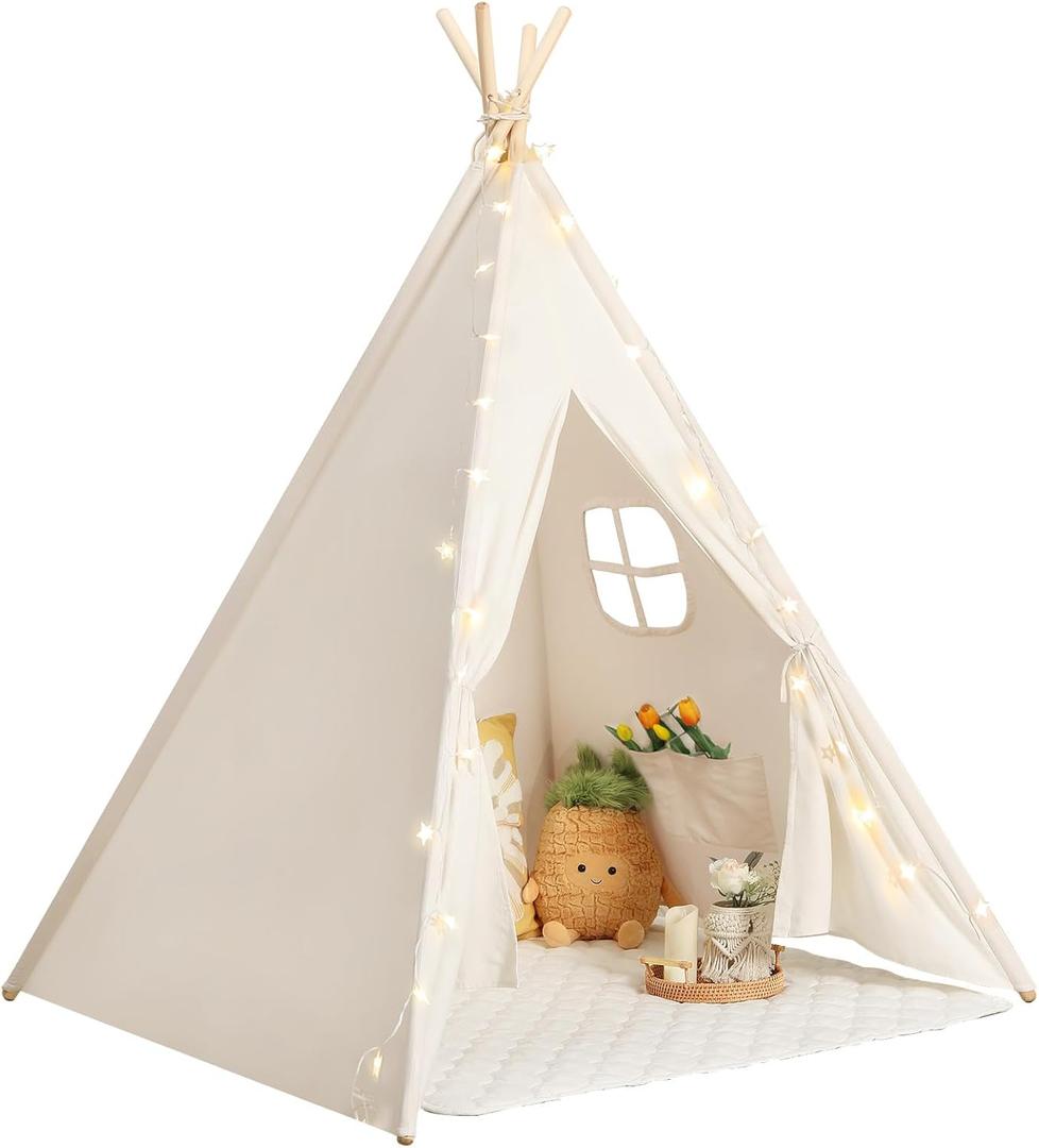 Sumbababy Teepee Tent for Kids Tent Indoor with Mat - 100% Cotton White Toddler Tee Pee Tents Play House- Collapsible Tents for Slumber Party - Washable Tipi Boho Bedroom Gift Toys for Girls & Boys