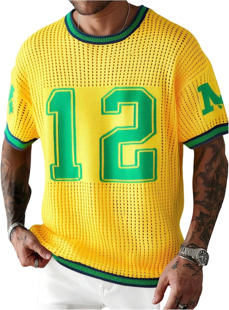 Verdusa Men's Jersey Shirts Short Sleeve Sweater Crew Neck Streetwear Pullover Knit Tops Yellow X-Large (XL)