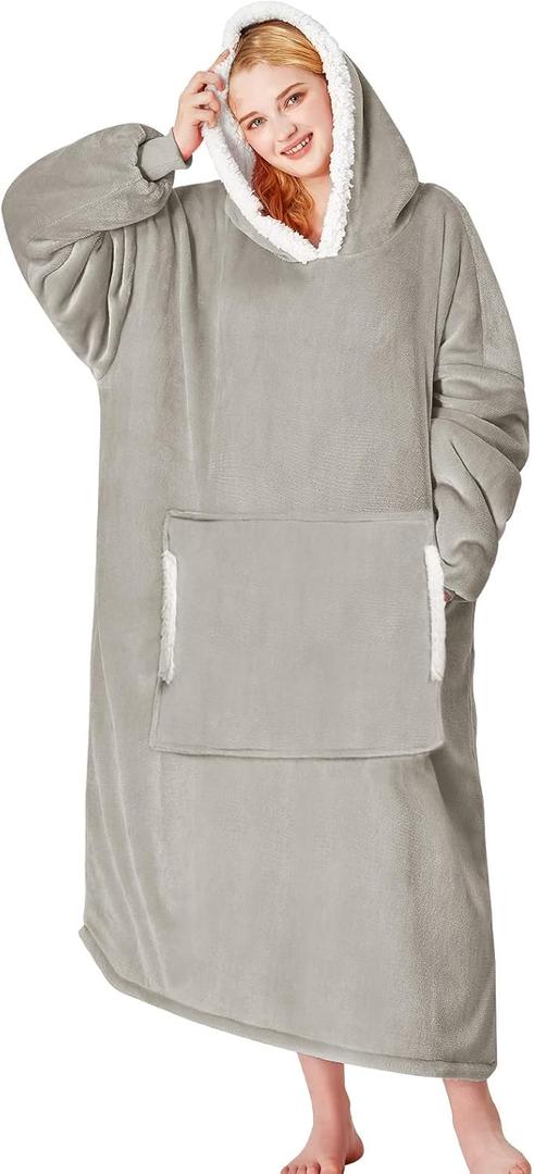 yescool Wearable Blanket Hoodie, Flannel Sherpa Fleece Blanket Sweatshirt for Adults Women Men,One Size Fits All (Silver-grey)