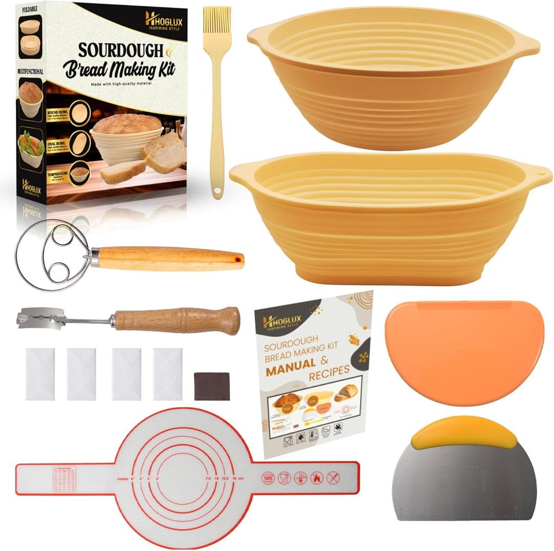 Sourdough Starter Kit with Silicone Bread Proofing Baskets  Complete Banneton Set with Danish Whisk, Bread Sling, Scoring Lame & Scrapers  Sourdough Bread Baking Supplies for Beginners & Pros