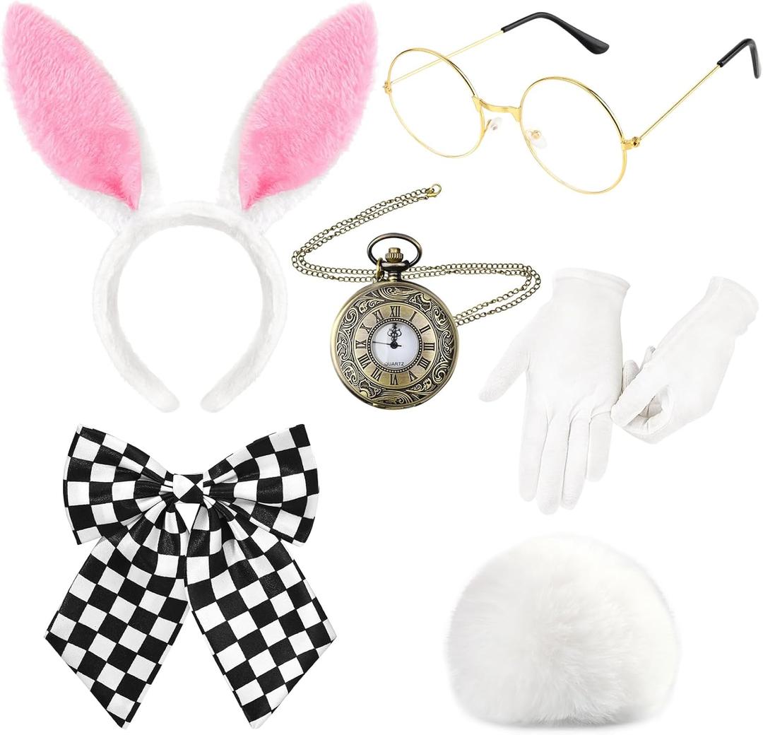 6 Pcs White Rabbit Costume Include Bunny Ears Headband,Tail,Bow Tie,Glasses,Gloves and Pocket Watch for Men Women Halloween Party Dress Up