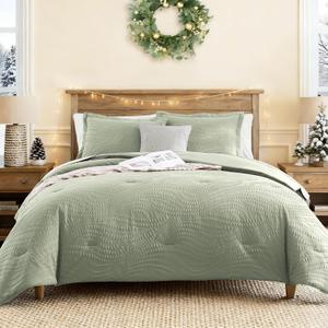 Geniospin Queen Comforter Set - 7 Pieces Botanical Textured Sage Green Bedding Sets, Boho Shabby Chic Comforter Set, All Season Lightweight Bed in a Bag with Comforter, Sheets, Pillowcases & Shams (Queen (90"x90"))