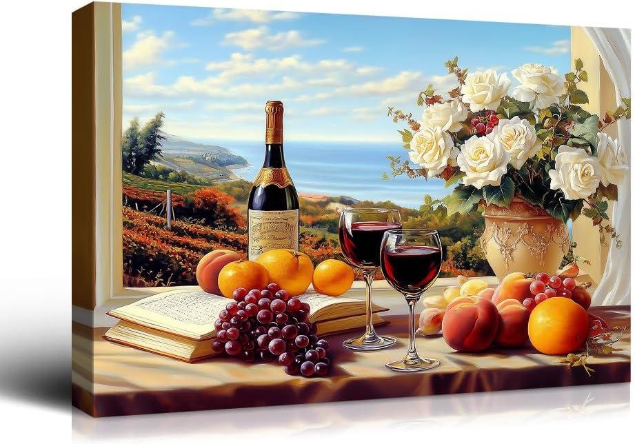 Wewejia - Vintage Kitchen Wall Art Prints, Fruit Grapes Wine Bottles Food Dining Room Wall Art, Contemporary Kitchen Vintage Canvas Print Oil for Dining Room Wall Decor Home Decoration 16x12 inches (16L" x 12W", WWDJB009)