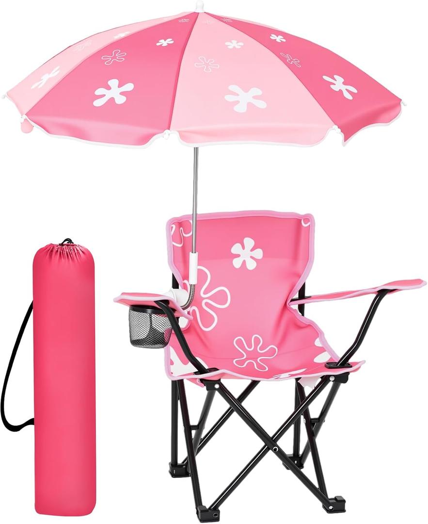 Outdoor Toddler Camping Chair with Umbrella Foldable Beach Chairs with Safety Lock for Kids Waterproof Lawn Kids Folding Chair for Outside Beach Travel(Flower)