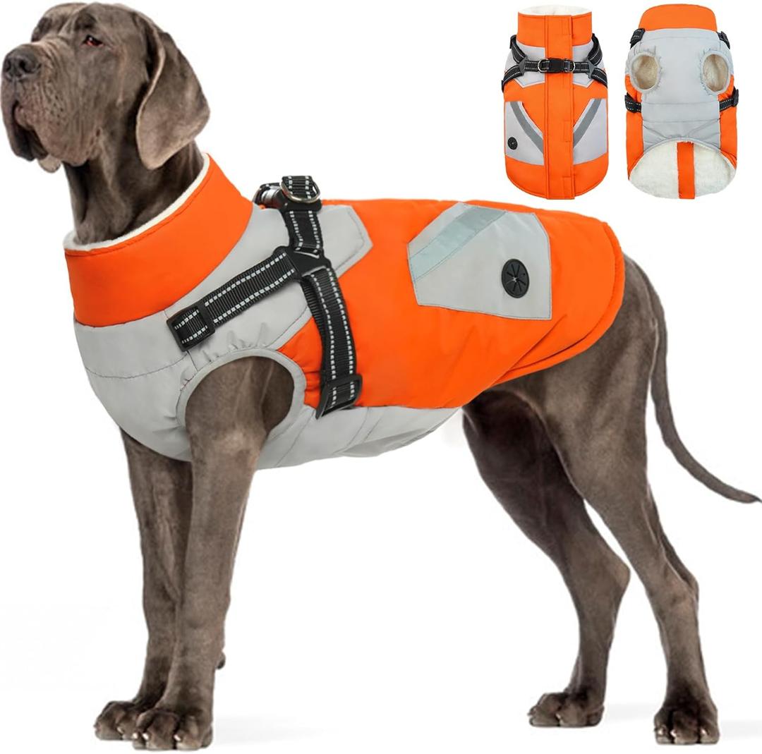 FUAMEY Dog Winter Jackets for Large Dogs,Dog Coat with Harness Built in,Waterproof Dogs Snowsuits Warm Pet Jacket Zip Up Fleece Cold Weather Coats Reflective Safety Pets Hunting Vest Orange  (XXX-Large (Chest:43in)