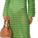 Saodimallsu Womens Crochet Swimsuit Cover Up V Neck Collared Long Sleeve Mesh Knit Long Beach Coverup Maxi Dress (Green)