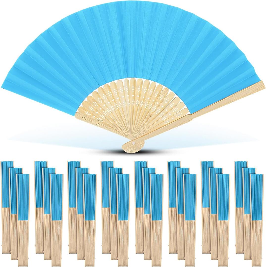 Yinkin 24 Pack Folding Fans Bamboo Handheld Folded Craft Hand Japanese Chinese Fans for Weddings Bridal Dancing Church DIY Decoration Women Kids Gift Party Favors (Lake Blue)
