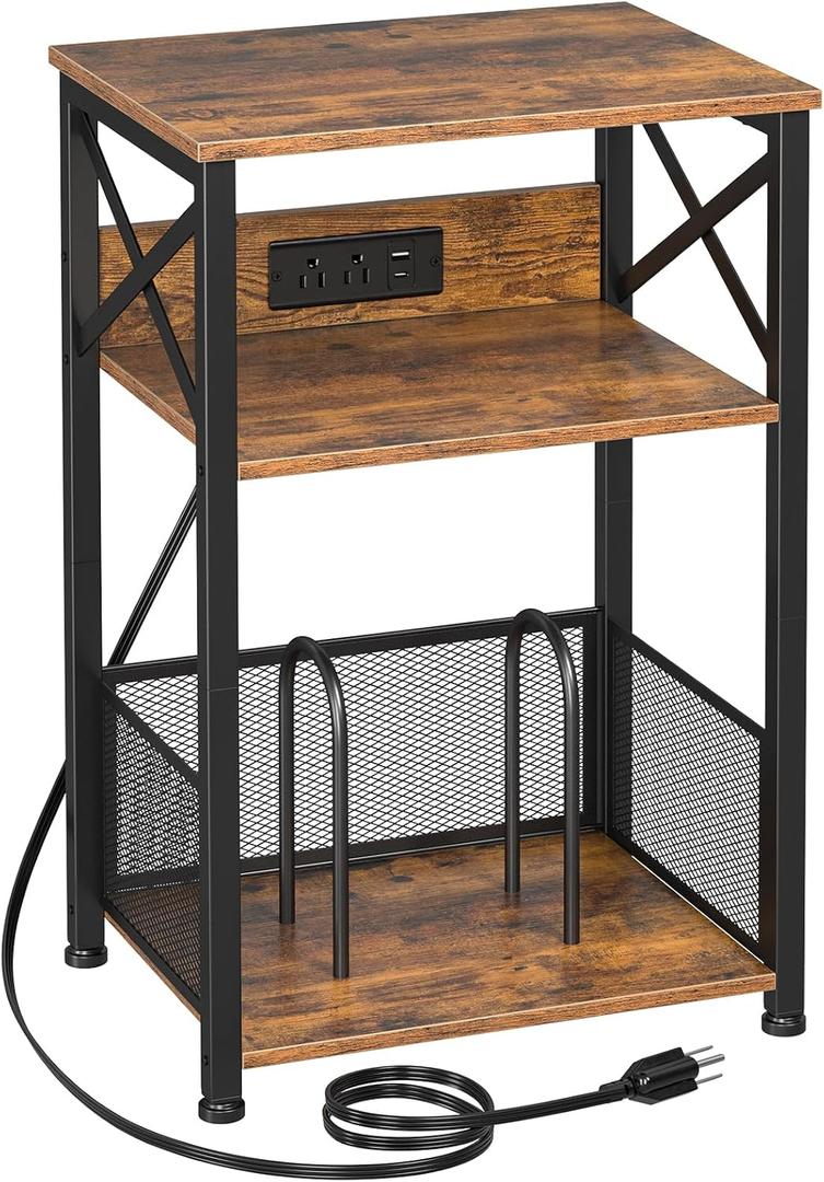 AMHANCIBLE Record Player Stand with Charging Station, Turntable Stand with Storage Cabinet, 3 Tier End Table Hold Up to 100 Albums, Record Table for Vinyl, Living Room, Rustic Brown, HETCD01BR-1 (W 15.75" x D 11.41")