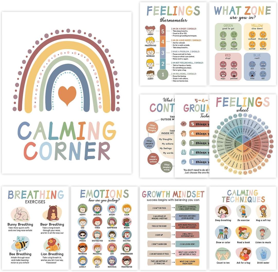 10 Calming Corner Posters for Kids Classroom Decorations, Boho Calm Down Corner Mental Health Poster for Toddlers, Feeling Charts Poster Kids Educational Posters Classroom Must Haves for Teacher Preschool Wall Art Decorations