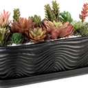 MyGift 13.5 inch Succulent Planter Pot, Oval Modern Ceramic Plant Box Container with Wave Textured Pattern and Removable Saucer Drip Tray (Black)
