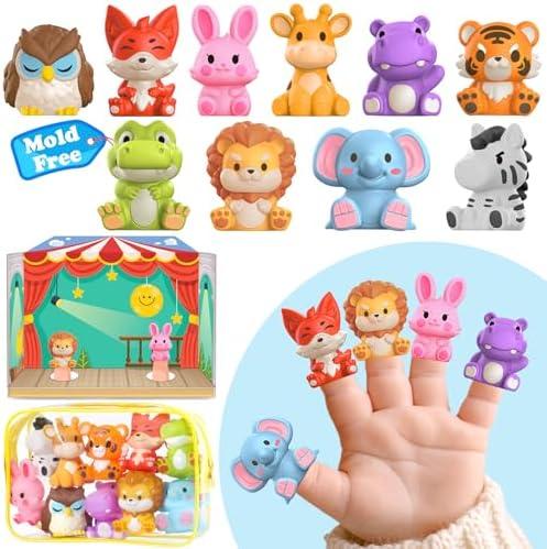 Oriate Zoo Animals Finger Puppets, 10PCS Infant Jungle Animals Finger Bath Pool Toys, Puppet Theater Storage Bags incl, 12m+ Toddler Travel Toys Valentines Gifts Easter Eggs Basket Stuffers