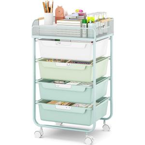 SYKIARIOL Rolling Utility Storage Cart with 4 Drawers - 4 Tiers Rolling Cart Craft Cart, Storage Drawer Cart Organizer for Craft Room Office Bedroom Classroom with Mesh Top & 4 PCS DIY Lable, Green