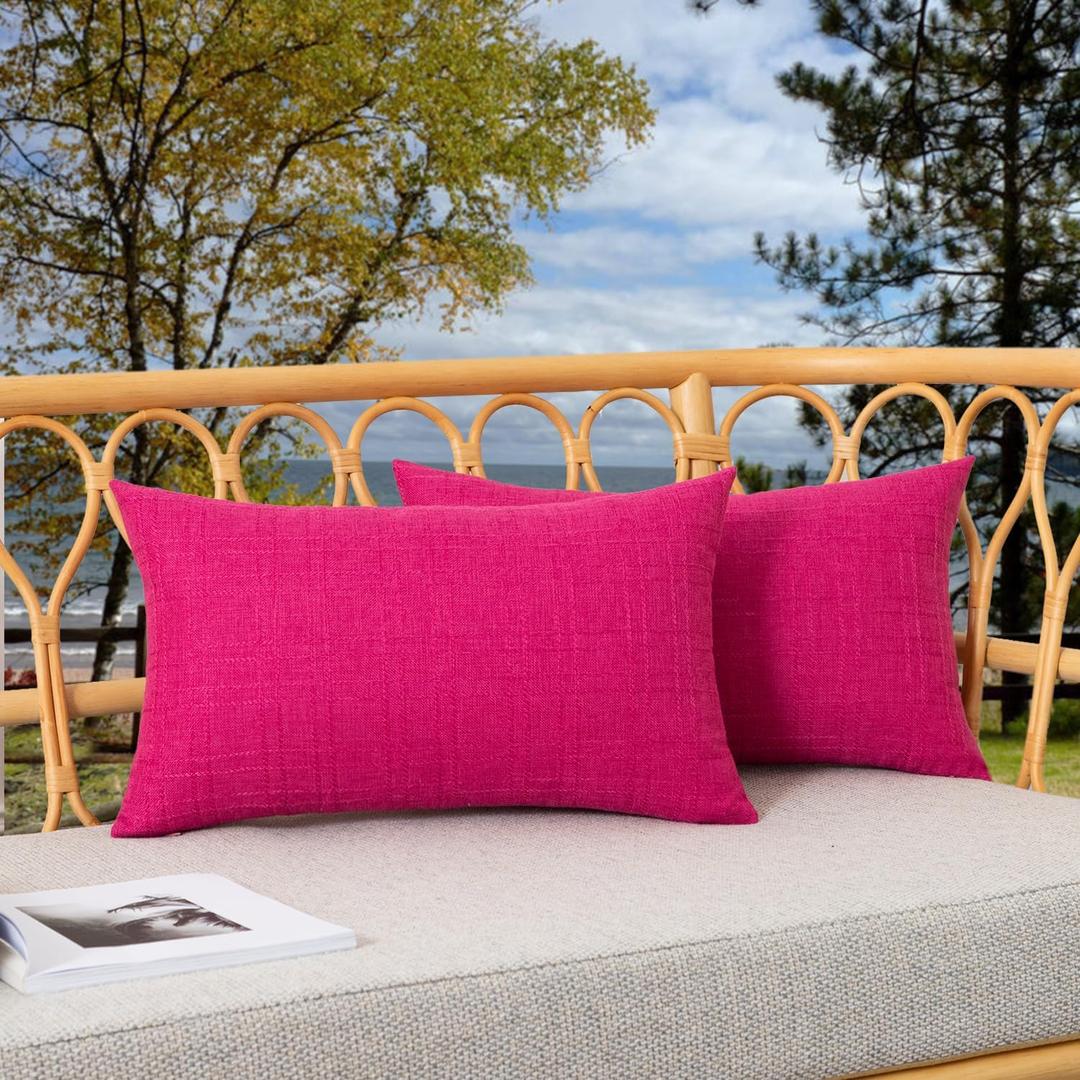 Kevin Textile Set of 2 Outdoor Waterproof Pillow Covers - Valentines Day Decorative Throw Pillows - Rectangle Checkered Couch Pillows for Patio Tent Bed Sofa Living Room - 12x20 Inch - Hot Pink