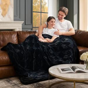 Cozy Bliss Checkered Faux Rabbit Fur Blanket Queen Size for Bed, Soft Fuzzy Blankets for Women Men, Large Furry Fleece Throw for Bedroom Decor (Black 90'' x 90'')