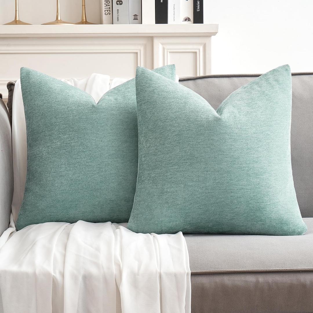 MIULEE Pack of 2 Aqua Green Decorative Pillow Covers 18x18 Inch Soft Chenille Couch Spring Throw Pillows Farmhouse Cushion Covers for Home Decor Sofa Bedroom Living Room