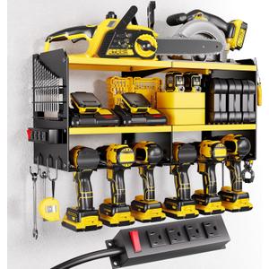 Large Power Tool Organizer Wall Mount with Charging Station, 3 Layer Heavy Duty Metal Tool Storage Rack Loads 420lbs with 6 Cordless Drill Holder, Utility Rack Loads with 4 Power Strip (Yellow)