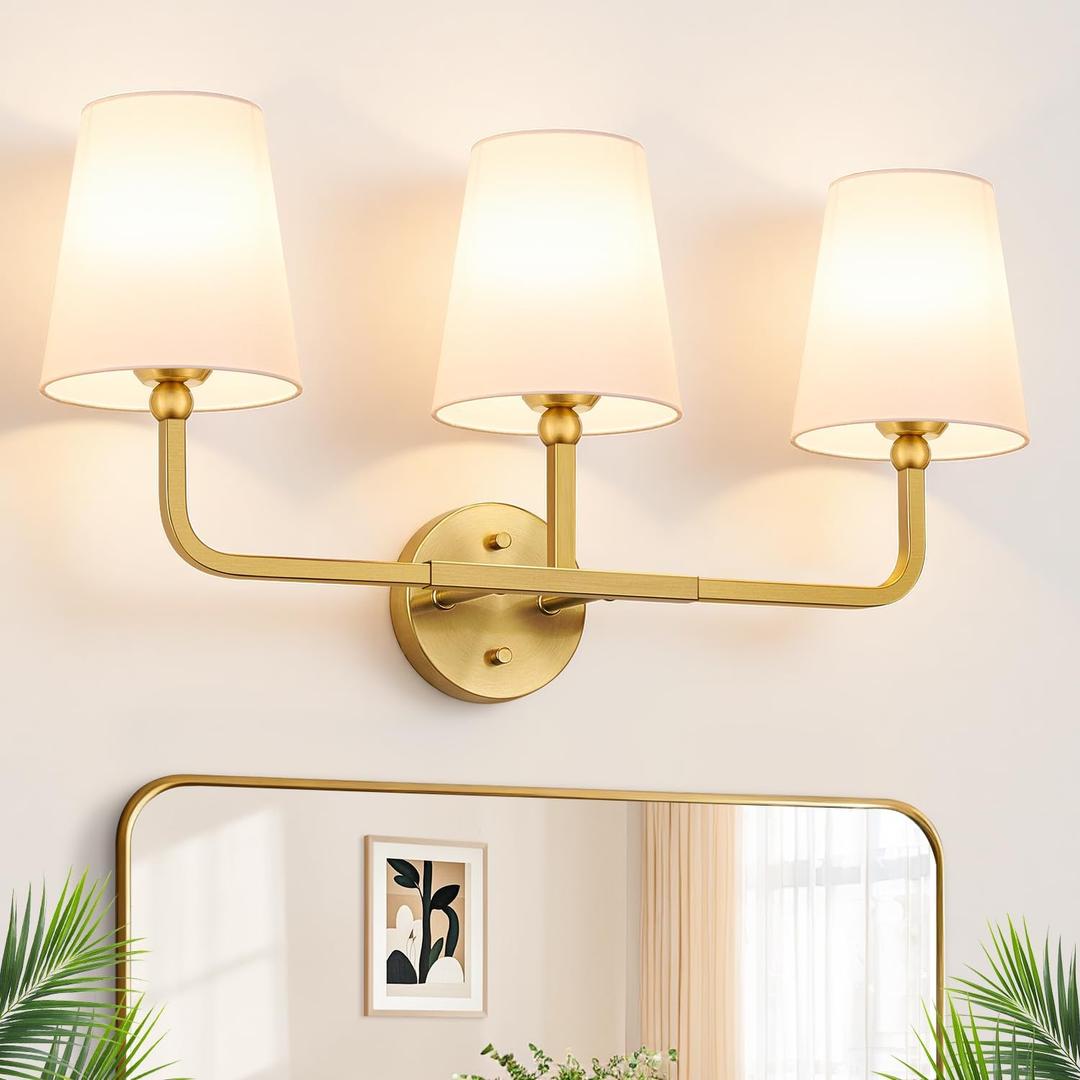 Bathroom Light Fixtures, 3-Light Brushed Gold Vanity Lights, Bathroom Lighting Fixtures Over Mirror with Flared White Fabric Shade, Modern Wall Sconces for Living Room Hallway
