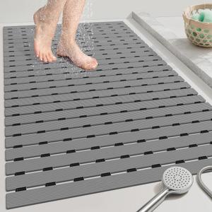 OTHWAY Large Shower Mat, 35.4 x 24 Inch No Suction Cup Shower Mat Non Slip, Quick Drain Large Non Slip Shower Mats for Inside Shower, Heavy Duty Curlable PVC Shower Floor Mat, Dark Grey