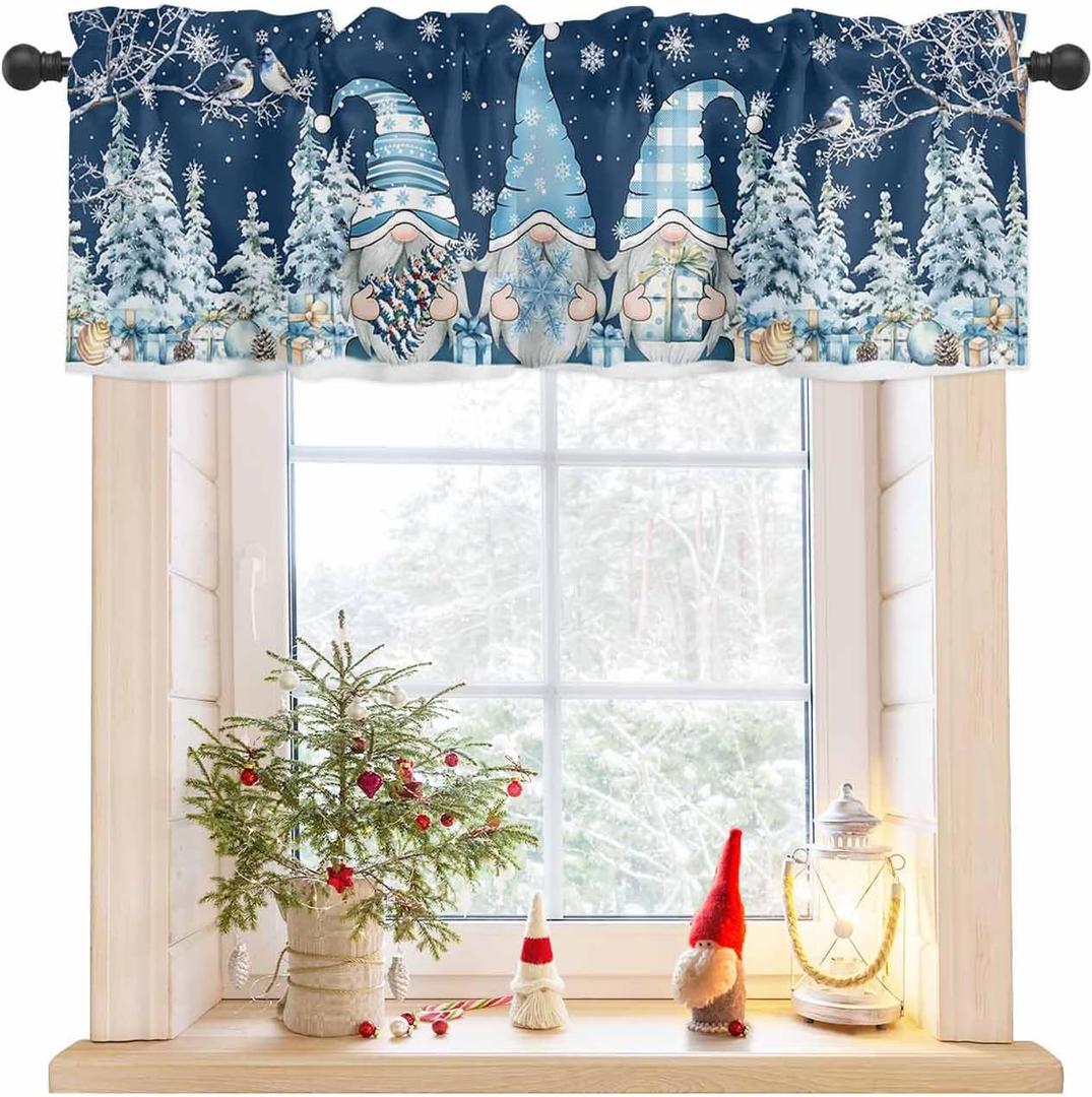 Christmas Gnome Window Valance,Xmas Tree Valances for Kitchen Windows,Winter Snowflakes Branches Rod Pocket Valance Curtain,Dark Blue Short Curtains Window Treatment for Bedroom 54x18in