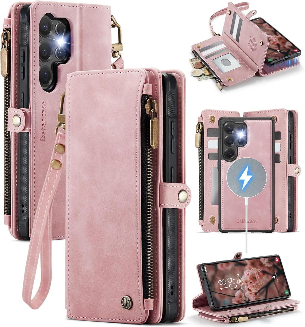 Defencase for Samsung Galaxy S24 Ultra Magnetic Wallet Case Compatible with Magsafe with RFID Blocking Zipper & Card Holder Women, PU Leather Detachable Phone Case for Galaxy S24 Ultra 6.8", Rose Pink
